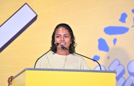 Minister of the Environment, Climate Change, and Technology Aishath Shauna speaking at a campaign rally on September 19, 2023 --