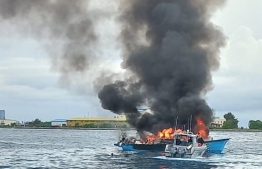 MNDF Fire and Rescue on site to control the vessel's flames-- Photo: MNDF