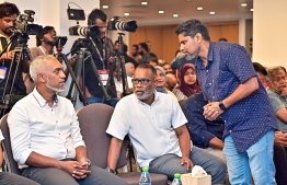 President-elect Dr. Muizzu with PPM SG Tholal and Abdul Raheem during a press conference held after the victory in Saturday's presidential election -- Photo: Fayaz Moosa