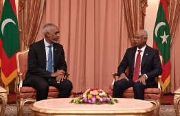 President-elect Dr. Mohamed Muizzu (L) with outgoing president Ibrahim Mohamed Solih (R); Dr. Muizzu thanked President Solih for changing former president Abdulla Yameen to his residence-- Photo: President's Office