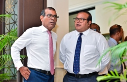 Former President and Speaker of the of the Parliament Mohamed Nasheed with Speaker Mohamed Aslam outside the Parliament premises