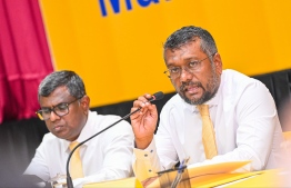 (FILE) Chairperson of MDP Fayyaz Ismail speaking at an MDP congress meeting on October 3, 2023: MDP said a community without freedom of speech is not a democratic one while criticising the current administration blocking two unregistered websites in Maldives  -- Photo: Nishan Ali / Mihaaru