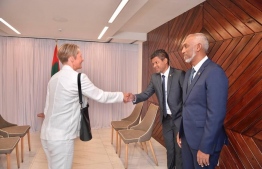 President-elect Dr. Mohamed Muizzu and Vice President-elect Hussain Mohamed Latheef meet with British High Commissioner to the Maldives Caron Rohsler. Photo: Team Muizzu