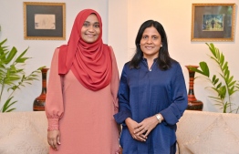 First Lady Fazna Ahmed (R) with president-elect Dr. Mohamed Muizzu's spouse Sajidha Mohamed-- Photo: President's Office