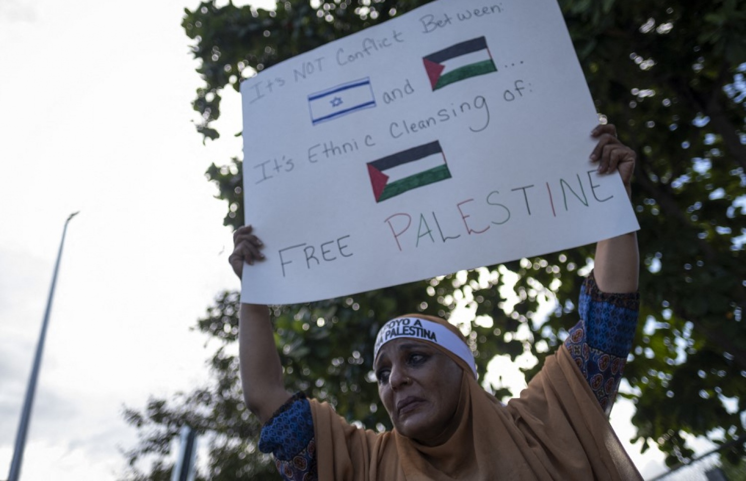 އިޒްރޭލާ ދެކޮޅު ޝުއޫރުތައް ލިޔެފައިވާ ބޮޑެއް ހިފައިގެން ޕުއެޓަ ރީކޯގައި އަންހެނަކު މުޒާހަރާ ކުރަނީ: އަލް އަހްލީ ހޮސްޕިޓަލަށް ދިން އަނިޔާވެރި ހަމަލާއާ ގުޅިގެން ގިނަ ގައުމުތަކުގައި އިޒްރޭލާ ދެކޮޅަށް ދަނީ މުޒާހަރާ ކުރަމުން. --ފޮޓޯ: އޭއެފްޕީ