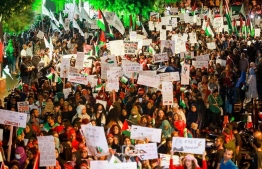 A large number of people take part in a demonstration held at Majeedhee Magu in Malé City to raise their voice against Israel's inhuman actions and show solidarity with the Palestinians -- Photo: Vaguthu Images