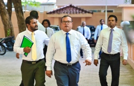 MDP PG Leader Mohamed Aslam and other MDP MPs in the parliament grounds today.-- Photo: Nishan Ali / Mihaaru