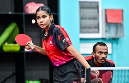 Dheema and Shaffan competing in the Mixed Doubles Category of the Association Cup.-- Photo: Fayaz Moosa / Mihaaru