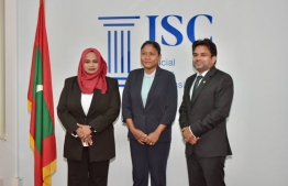 JSC President Hisaan Hussain (C) with new appointees High Court Chief Judge Shaheed (R) and Civil Court Chief Judge Mariyam.