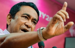 Former President Abdulla Yameen speaking at a PPM rally.-- Photo: Nishan Ali / Mihaaru