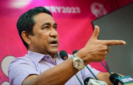 PPM Leader and former President Abdulla Yameen speaking at last night's gathering.-- Photo: Nishan Ali/ Mihaaru