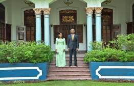 President Ibrahim Mohamed Solih (L) and First Lady Fazna Ahmed stand infront of Muliaage for a photo on Friday, November 10, 2023: they have moved out of the official presidential residence today -- Photo: President's Office