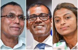 Vilufushi MP Hassan Afeef (L), who presided as chair of Sunday's first stitting, Parliament Speaker Mohamed Nasheed (C), and Deputy Speaker Eva Abdulla (R), who presided as chair of Sunday's second sitting, which marks it her first sitting after staying on leave due to health issues--