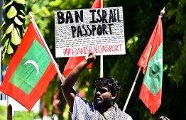 From the protest outside parliament calling to ban Israelis entry to Maldives.-- Photo: Fayaz Moosa / Mihaaru