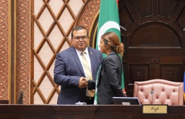 Parliament Speaker Mohamed Aslam with outgoing Deputy Speaker Eva Abdulla; a sitting has been scheduled for Sunday evening to elect the new Deputy Speaker-- Photo: People's Majilis