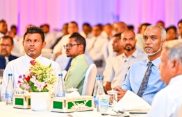 President-elect Dr. Mohamed Muizzu (R) with his running mate and Vice President-elect Hussain Mohamed Latheef (Sembe) at the "Week 14" roadmap launching event-- Photo: Mihaaru