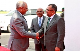 Seychelles Vice President Ahmed Afeef (L), Foreign Minister Abdulla Shahid (C), and former Tourism Minister and President Elect's Office Representative Moosa Zameer (R).-- Photo: Foreign Ministry