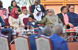 President Elect Dr Muizzu's mother and two children at today's ceremony.-- Photo: Nishan Ali / Mihaaru