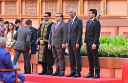 (From L to R); Chief Justice Dr. Mu'uthasim Adnan, Parliament Speaker Mohamed Aslam, President Dr. Mohamed Muizzu, and Vice President Hussain Mohamed Latheef-- Photo: Mihaaru