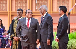 President Dr Muizzu in conversation with Parliament Speaker Mohamed Aslam. Vice President Hussain Mohamed Latheef and Chief Justice Muhthasim Adnan stand beside them.-- Photo: Nishan Ali / Mihaaru