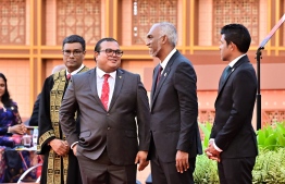 Parliament Speaker Mohamed Aslam (L) with President Dr. Mohamed Muizzu (C) with Vice President Hussain Mohamed Latheef (R) at the ceremony held for the presidential inauguration-- Photo: Mihaaru