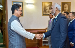President Dr. Mohamed Muizzu (R) meets Indian Minister of Earth Sciences Kiren Rijiju, who was the special envoy of the Indian government to attend the presidential inauguration ceremony on November 17, Friday-- Photo: President's Office