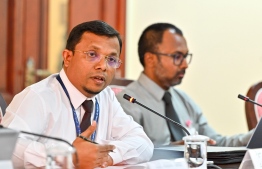 Minister of Finance Mohamed Shafeeq at Tuesday's budget committee meeting at the parliament-- Photo: Mihaaru