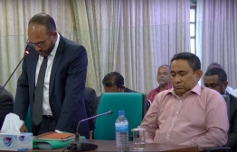Yameen at the High Court hearing on his appeal case; he is represented by former Vice President Mohamed Jameel Ahmed--