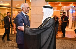 President Dr Mohamed Muizzu is greeted by the UAE Ambassador at the United Arab Emirates 52nd Union Day celebrations.-- Photo: President's Office