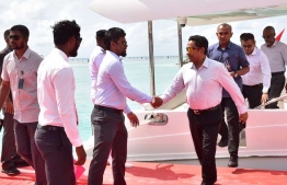 Abdulla Yameen greeted by Hussain Mohamed Latheef in Faresmaathoda during Yameen's presidency--