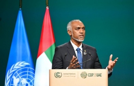 President Dr. Mohamed Muizzu delivers the Maldives' National Statement at the 28th Sessions of COP28, where he highlighted the current government's commitment to develop renewable energy systems capable of providing 33 percent of the country's electrical needs-- Photo: President's Office