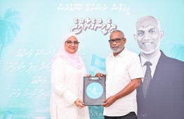 Former Attorney General Azima Shakoor hands over her nomination to contest the PPM/PNC primary to elect the party's candidate for Malé City Mayor -- Photo: Fayaaz Moosa