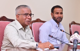 Chairman of Land and Flat Committee of the previous administration, Akram Kamaaludheen (L), and Senior Executive Director Mohamed Arif at the Petition Committee on Wednesday, November 6, 2023 -- Photo: Fayaz Moosa / Mihaaru