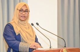First Lady Sajidha Mohamed speaks at the inauguration of the Gender Data Use in Policy Making Validation and Advocacy Workshop-- Photo: President's Office