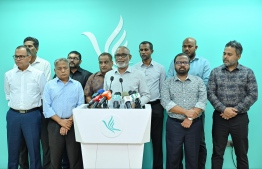 Leadership of the PPM/PNC coalition addressing the media at the ceremony held on Wednesday evening to inaugurate the new office of PNC-- Photo: Mihaaru