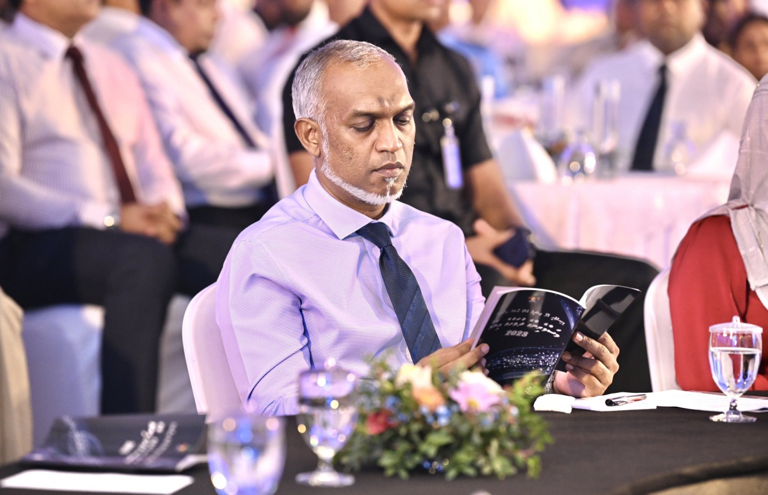 މަސްވެރިންގެ ދުވަހުގެ ޖަލްސާގައި ރައީސް ޑރ. މުހައްމަދު މުއިއްޒު. -- ފޮޓޯ: ރައީސް އޮފީސް