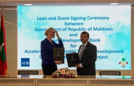 Minister of Finance Dr. Mohamed Shafeeq signed the agreements on behalf of the Maldives government and Cindy Malvincini; the Deputy Director of ADB's South Asia Regional Department signed on behalf of the bank-- Photo: Ministry of Environment