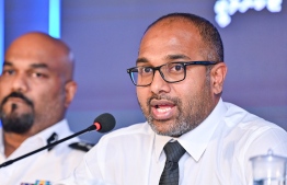 Minister of Homeland Security and Technology Ali Ihusaan (L) at a press conference on Wednesday, December 20, 2023 -- Photo: Fayaz Moosa / Mihaaru