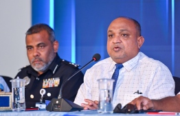 Imad Solih, CEO of NDA, speaks at a recently held press conference by the Ministry of Homeland Security where he said that the authorities were now working to clear the backlog of patients legally requiring rehabilitation treatment-- Photo: Mihaaru