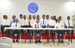 MDP parliamentary group members during the press conference held on Saturday--