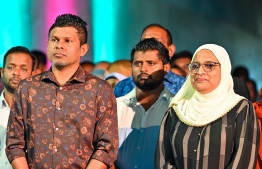 Vice President Hussain Mohamed Latheef participating in a campaign rally of PPM/PNC mayoral candidate Azima Shakoor.-- Photo: Fayaz Moosa / Mihaaru