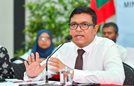 Minister of Tourism and Civil Aviation Mohamed Ameen speaking at a media briefing held by the ministry on Wednesday, January 3, 2024:  he said the high number of students studying pilots when there is no demand for it in the country will pose to be a problem in the future -- Photo: Fayaz Moosa / Mihaaru