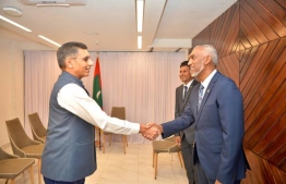 (FILE) Indian Ambassador to Maldives Munu Mahawar (L) meeting then President Elect of Maldives Dr. Mohamed Muizzu on October 4, 2023 --