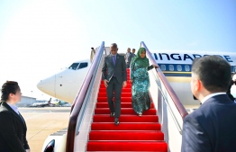 President Dr Muizzu and First Lady Sajidha arrive at China.-- Photo: President's Office