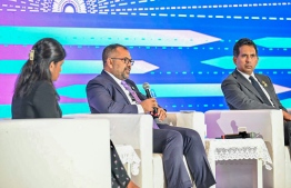 Foreign Minister Moosa Zameer speaks at the 'Invest Maldives' business forum organized by Maldives in China -- Photo: President's Office