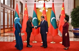 President Dr. Mohamed Muizzu (L2) shaking hands with China's President Xi Jinping on January 10, 2024: President Muizzu said the ease of repayment of loans was discussed in the official talks held between the two countries on his trip to China -- Photo: President's Office