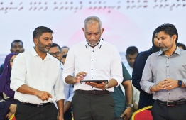 President Dr Muizzu (Centre), Sports Minister Rafiu (Left) and Sports Commissioner Tholal (Right) at the inauguration of the medical room at Social Centre last night.-- Photo: President's Office.