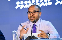 Homeland Security and Technology Minister Ali Ihusan speaking in today's press conference.-- Photo: Nishan Ali / Mihaaru