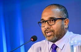 Minister of Homeland Security and Technology Ali Ihusan speaking at yesterday's press conference.-- Photo: Nishan Ali / Mihaaru