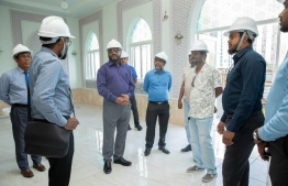 Minister of Islamic Affairs Dr Mohamed Shaheem Ali Saeed at an earlier visit to review work at the mosque being built in Hulhumale' Phase 2 by Muni Homecare.-- Photo: MoIA
